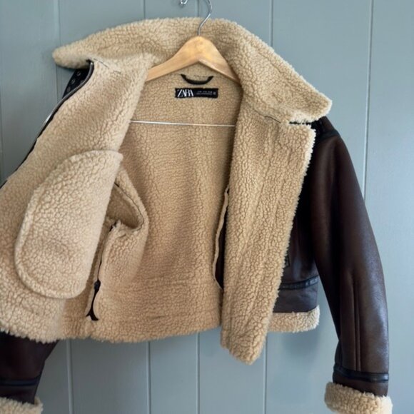 Cropped aviator shearling moto jacket brown faux leather Coat Zara Sz M NO BELT - Picture 8 of 10
